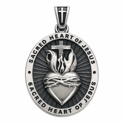 Sacred Heart Medal Necklace Silver Pendant Only Front View White Background