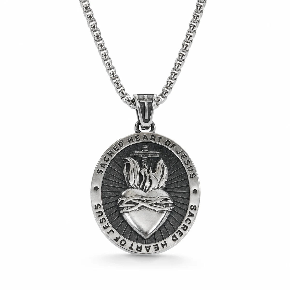Sacred Heart Medal Necklace Silver Pendant with Chain Front View White Background