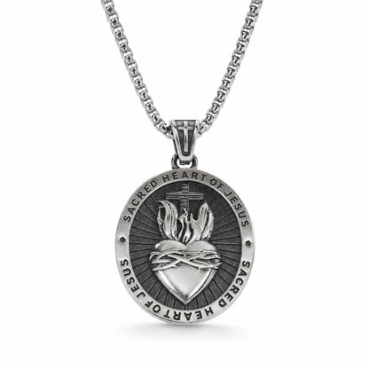 Sacred Heart Medal Necklace Silver Pendant with Chain Front View White Background