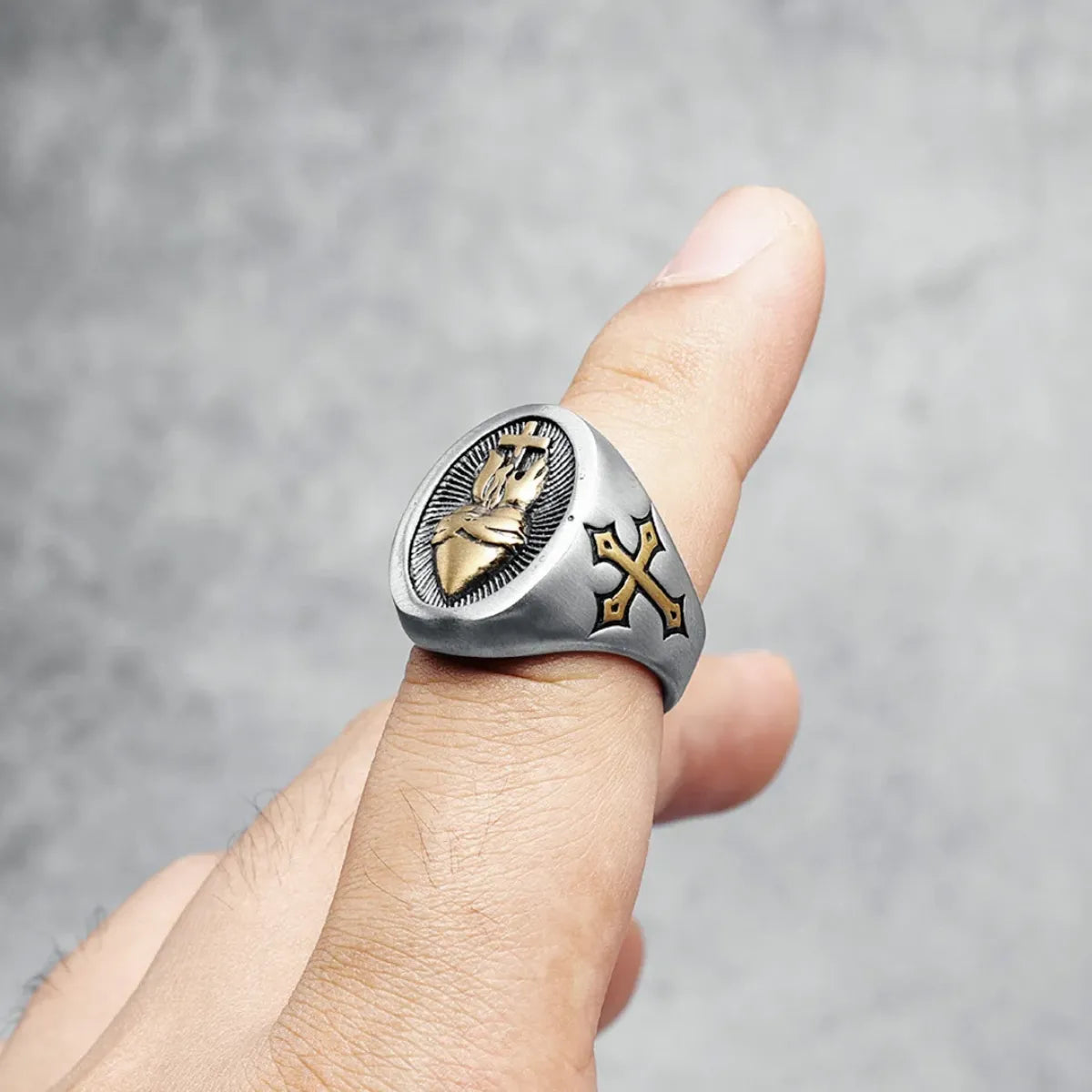Sacred Heart Ring Gold Worn by Male Model Close Up