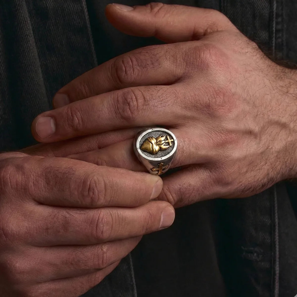 Sacred Heart Ring Gold Worn by Male Model