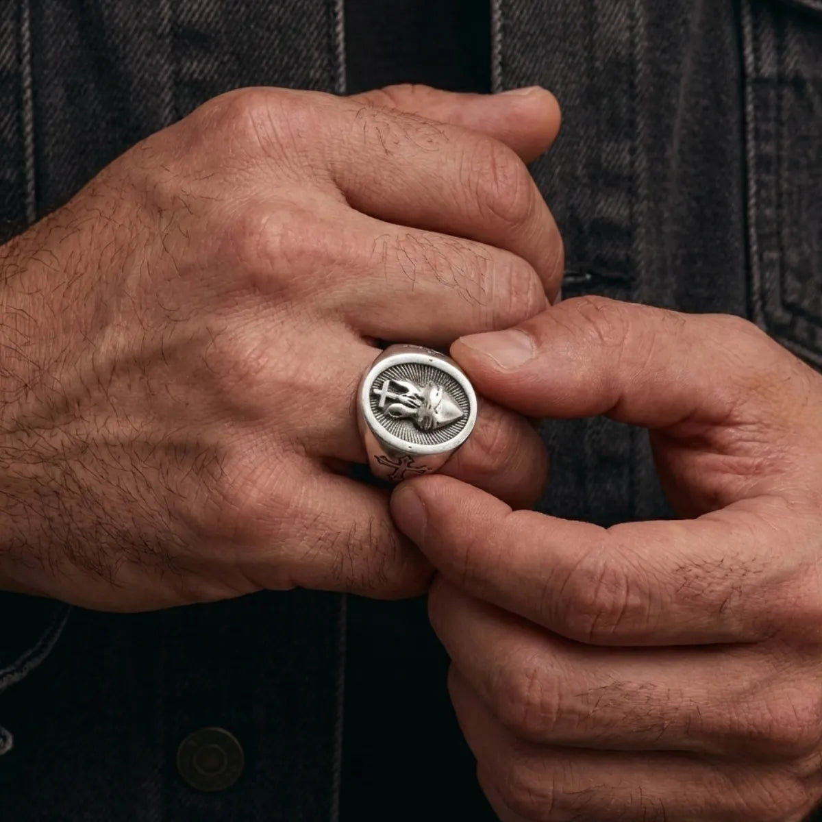 Sacred Heart Ring Silver Worn by Male Model