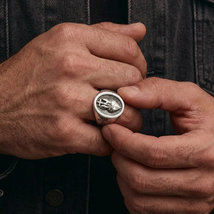 Sacred Heart Ring Silver Worn by Male Model