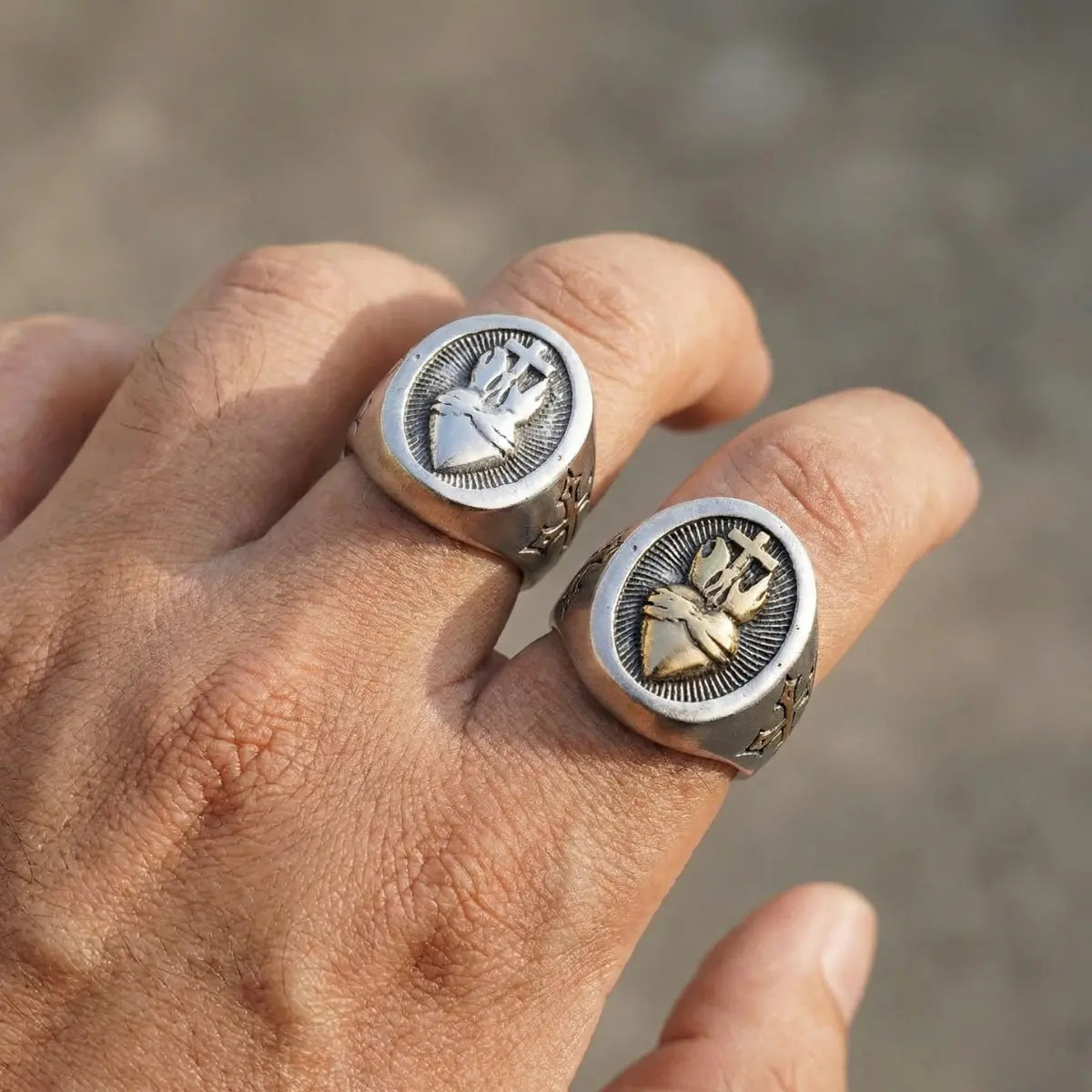 Sacred Heart Ring Silver and Gold Worn by Male Model