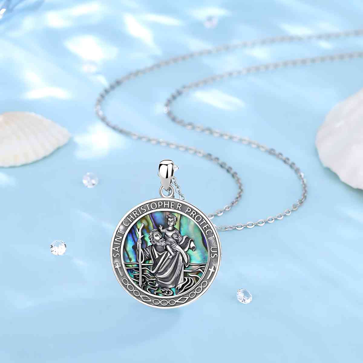 Saint Christopher Medallion Necklace Displayed on White Surface Xenos Jewelry