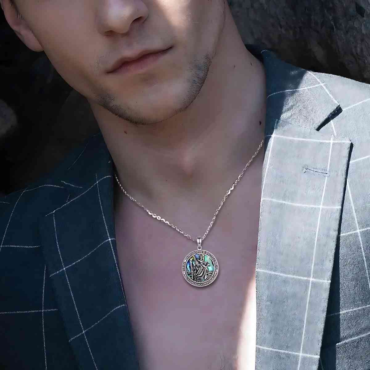 Saint Christopher Medallion Necklace Worn by Model Xenos Jewelry