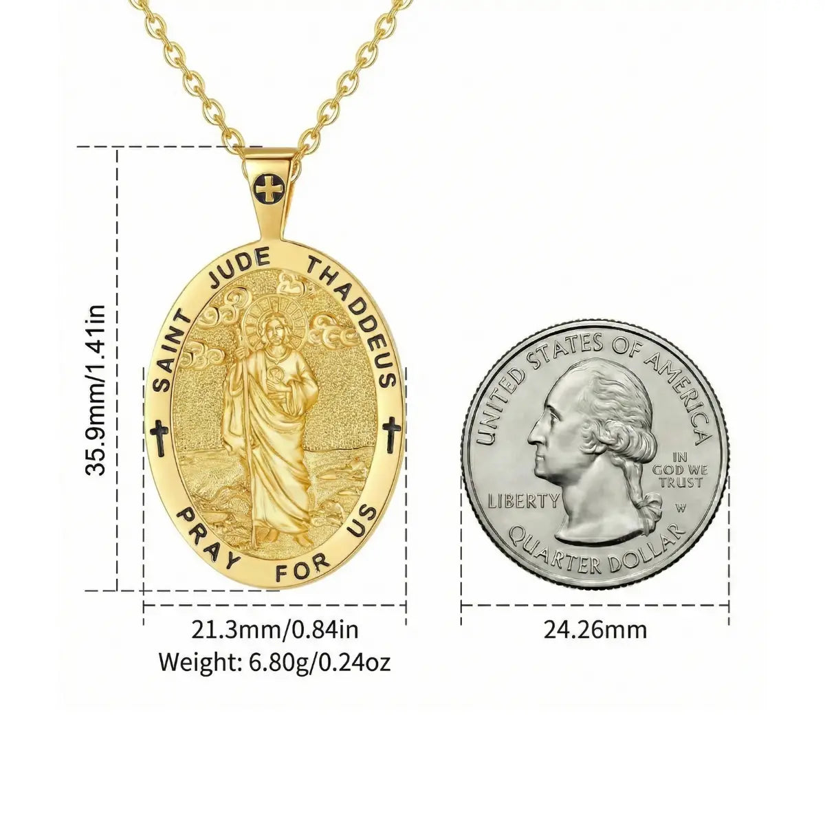 Saint Jude Necklace 18K Gold Plated Silver Size Comparison