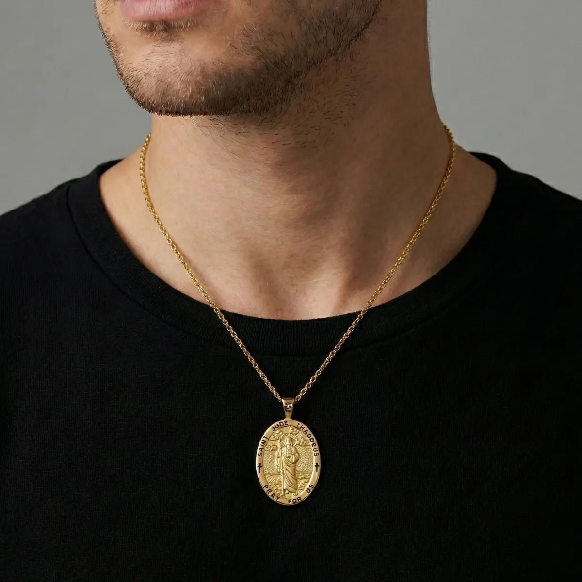 Saint Jude Necklace 18K Gold Plated Silver Worn by Male Model