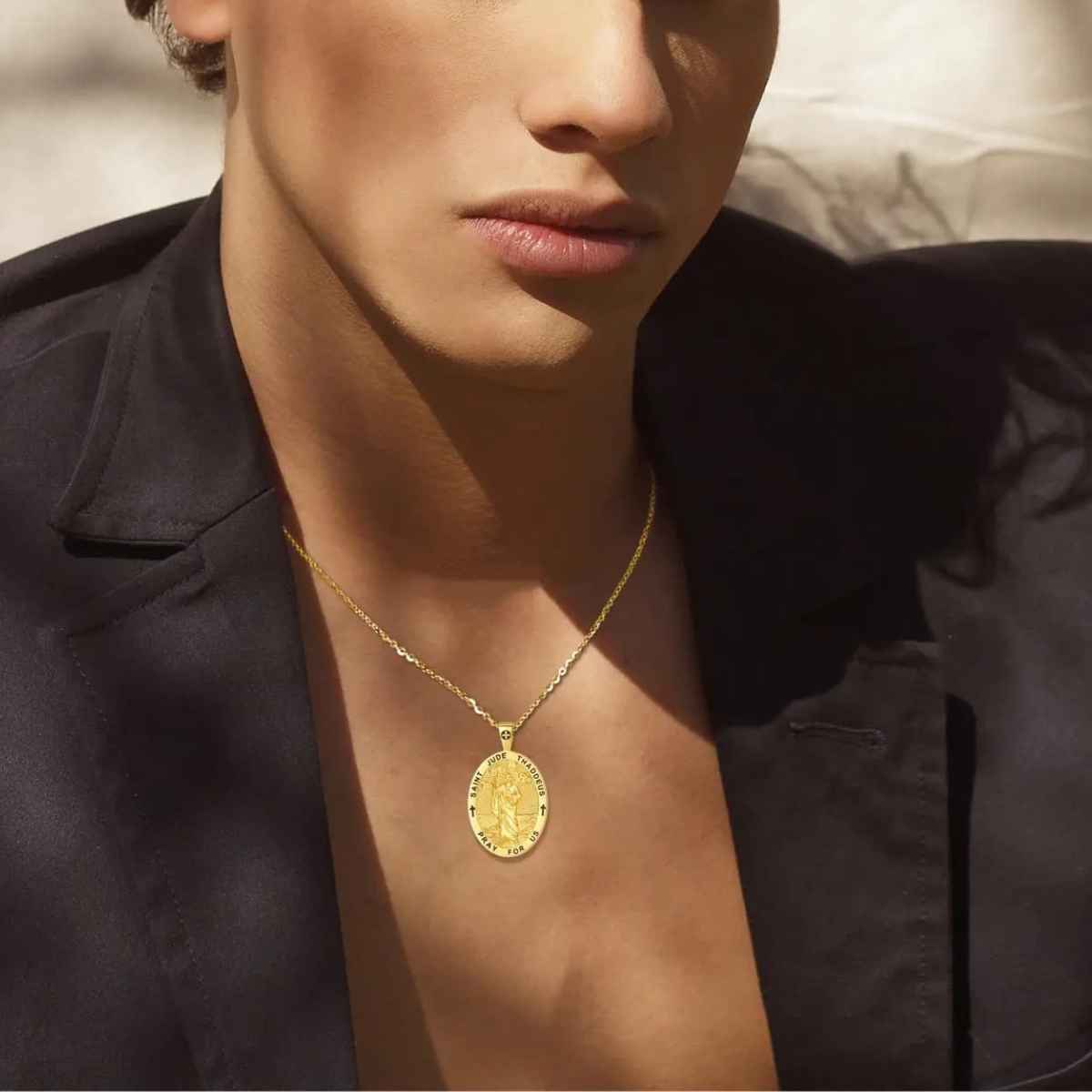 Saint Jude Necklace 18K Gold Plated Silver Worn by Model Xenos Jewelry