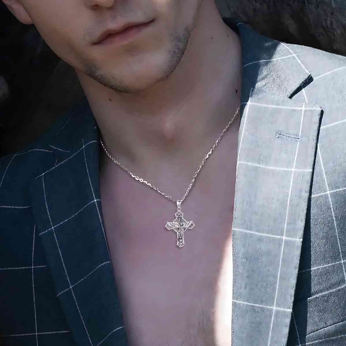 Saint Michael Cross Wings Necklace Worn by Model Xenos Jewelry