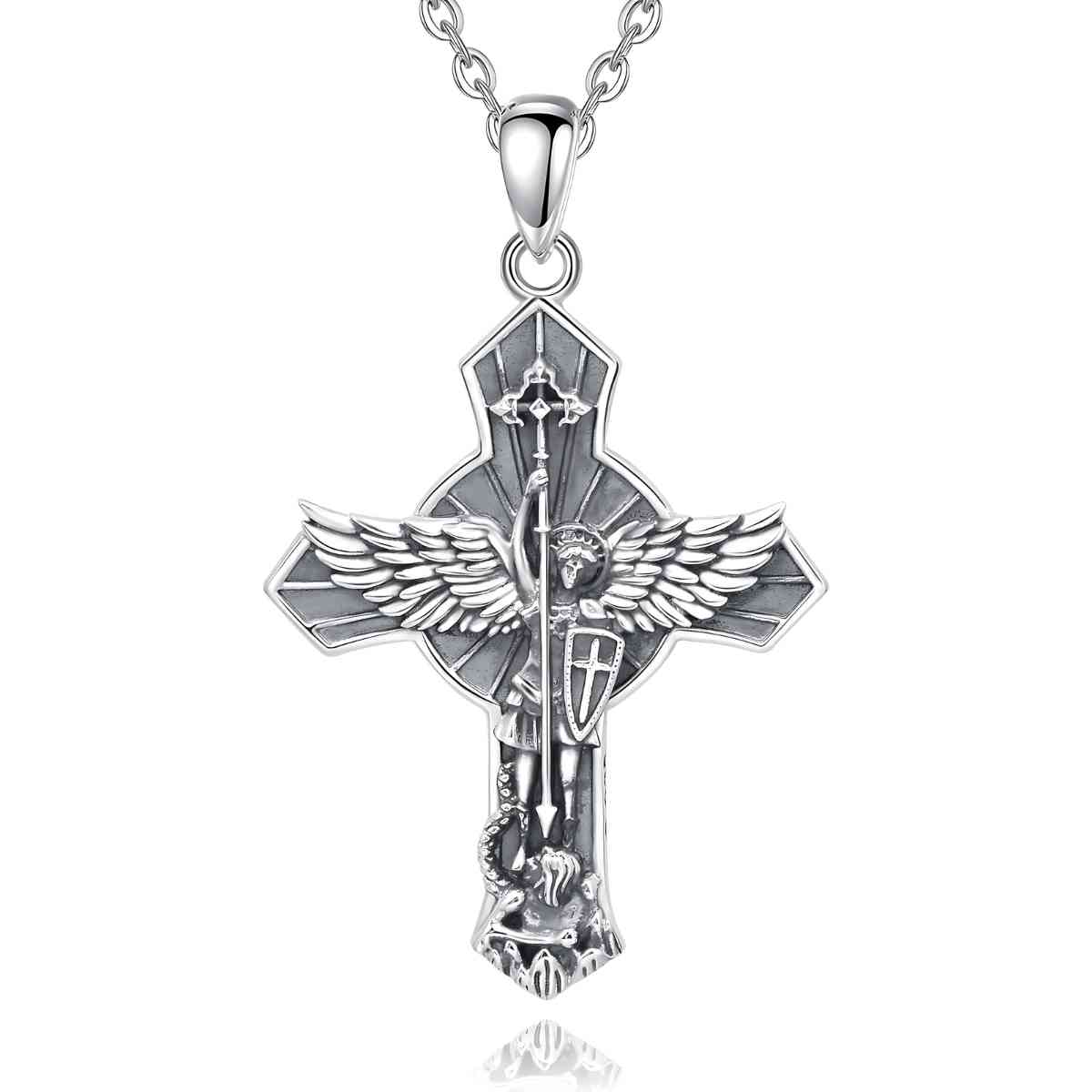 Saint Michael Cross Wings Necklace with 20 inch Chain Xenos Jewelry