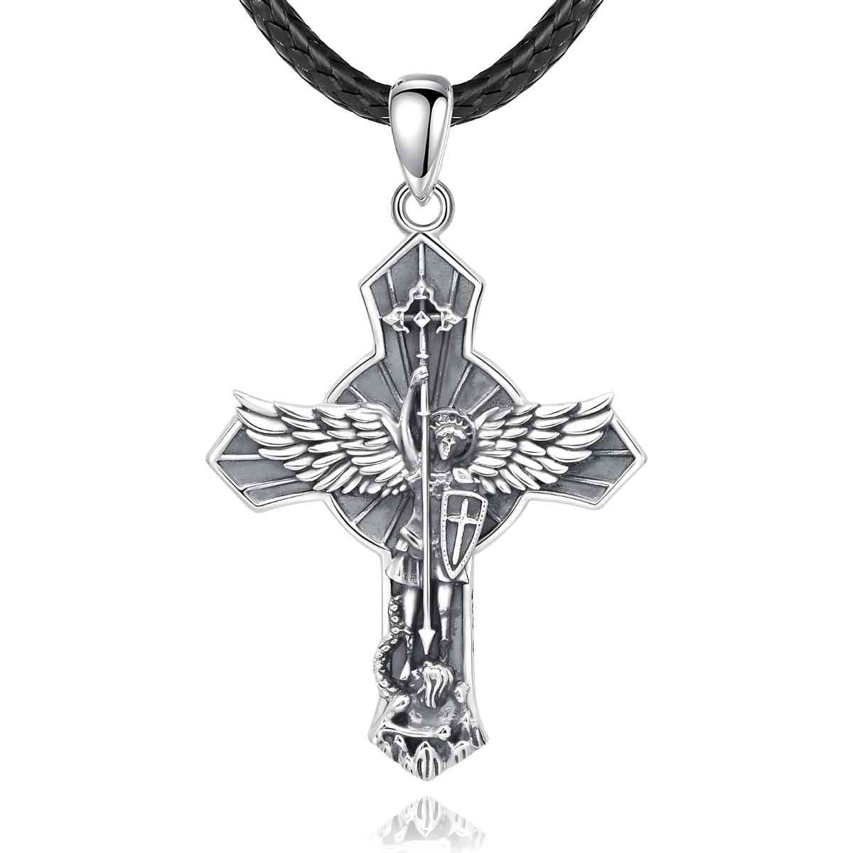 Saint Michael Cross Wings Necklace with 24 inch Rope Xenos Jewelry