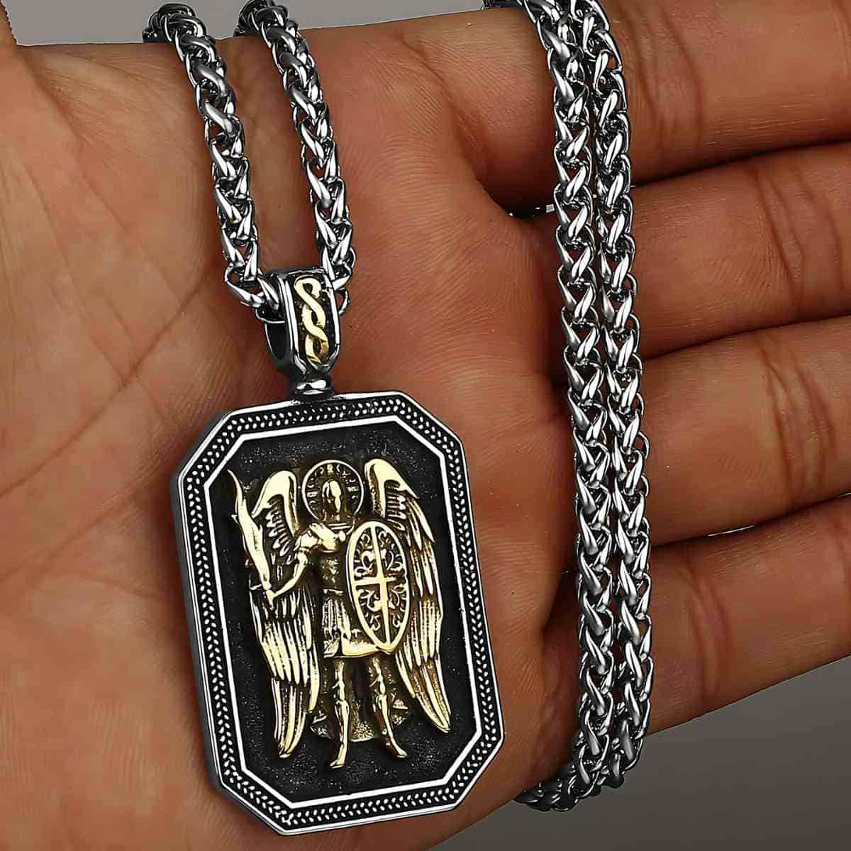 Saint Michael Medallion Pendant Necklace Gold with Chain Xenos Jewelry