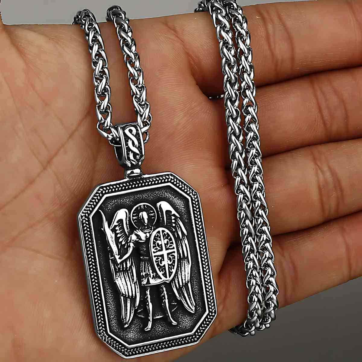 Saint Michael Medallion Pendant Necklace Silver with Chain Xenos Jewelry