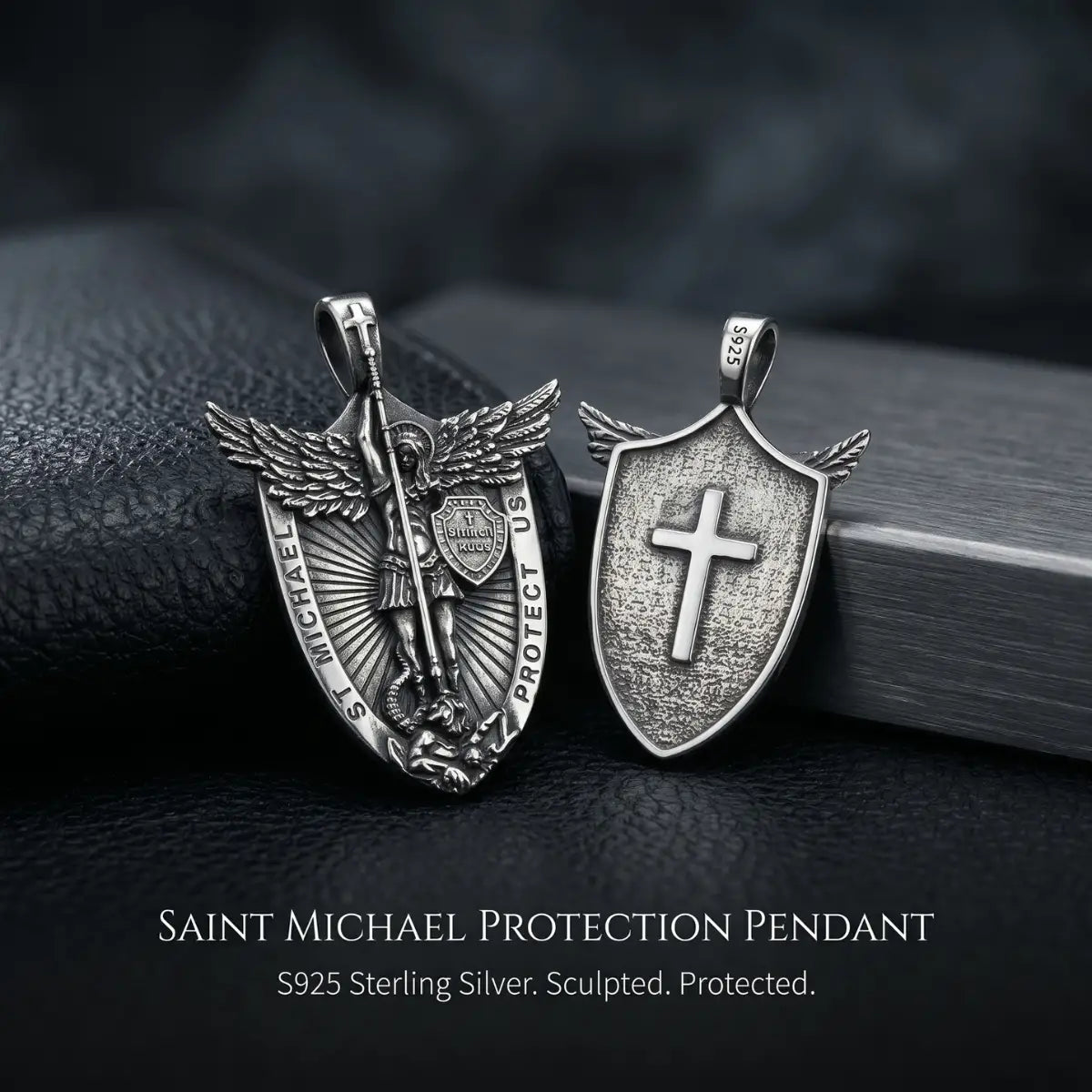 Saint Michael Shield Necklace Front and Back Details