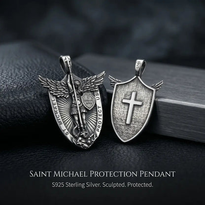 Saint Michael Shield Necklace Front and Back Details