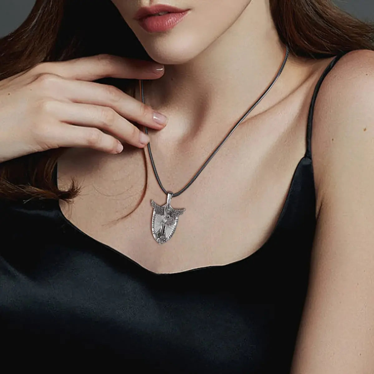 Saint Michael Shield Necklace Worn by Female Model