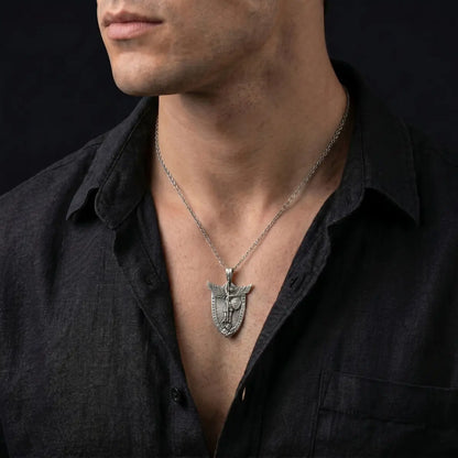 Saint Michael Shield Necklace Worn by Male Model Front View