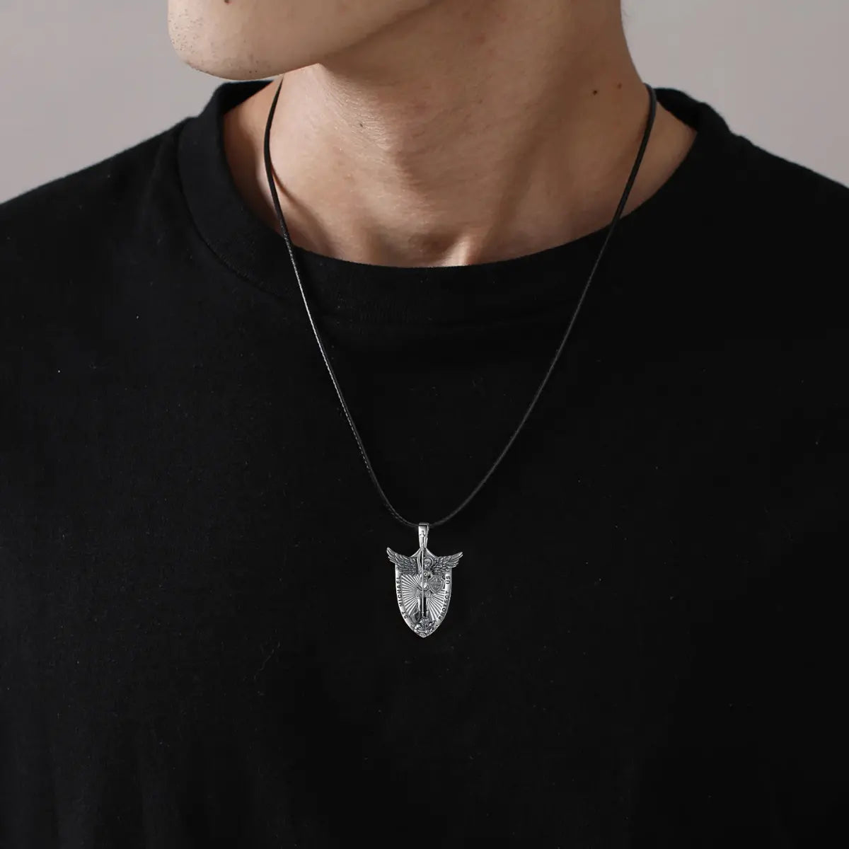 Saint Michael Shield Necklace Worn by Male Model