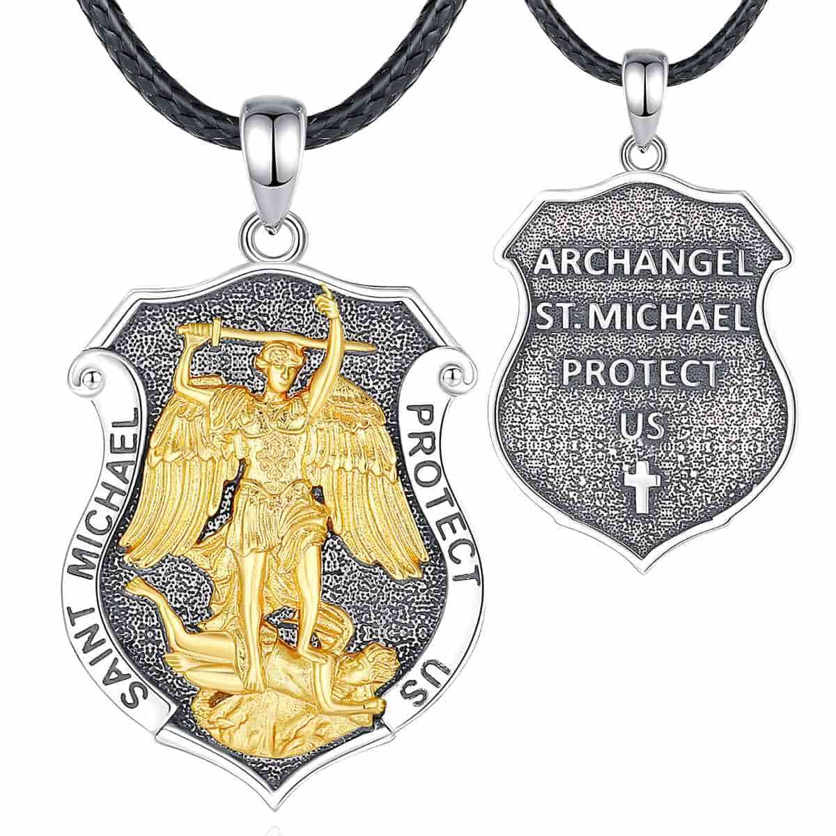 Saint Michael Shield Pendant Necklace Gold with 24inch Rope Xenos Jewelry