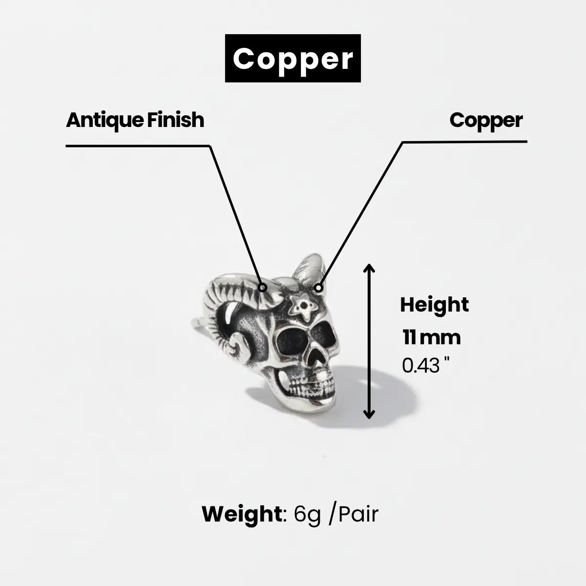Satan Skull Stud Earrings Copper Dimensions and Weight