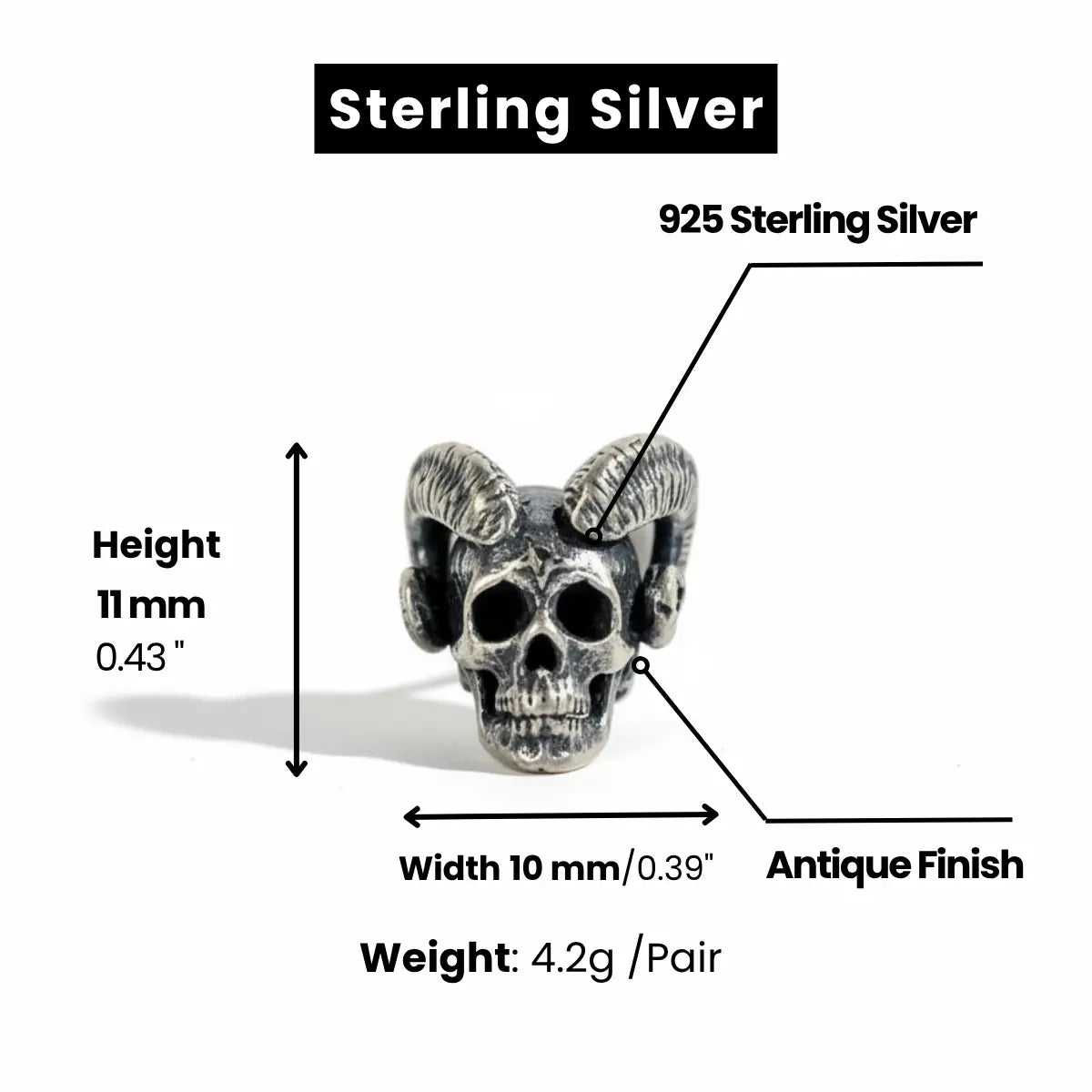 Satan Skull Stud Earrings Sterling Silver Dimensions and Weight