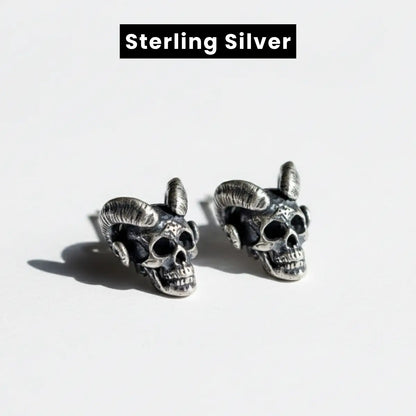 Satan Skull Stud Earrings Sterling Silver