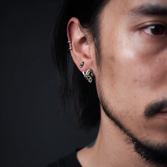 Satan Skull Stud Earrings Worn by Male Model