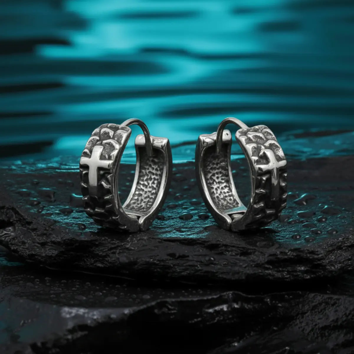 Scales Cross Huggie Hoop Earrings