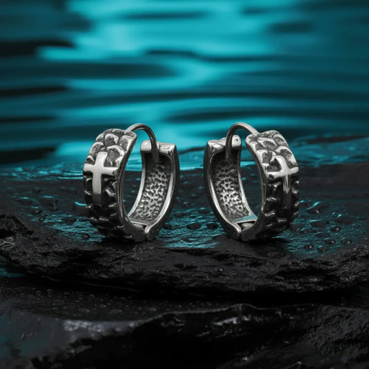 Scales Cross Huggie Hoop Earrings