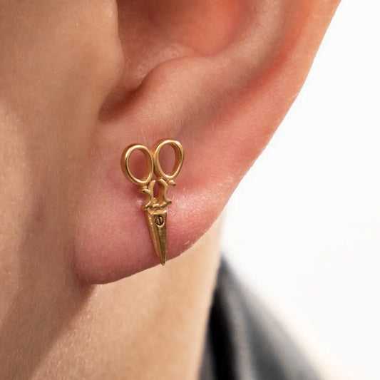 Scissors Stud Earrings Gold Worn by Male Model