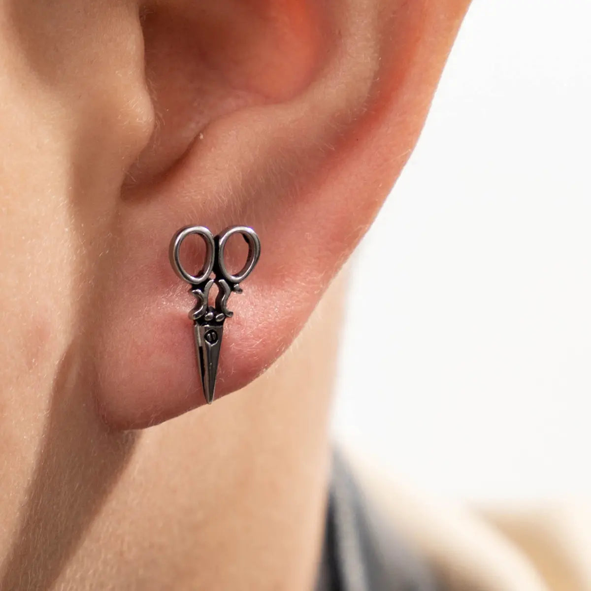 Scissors Stud Earrings Silver Worn by Male Model