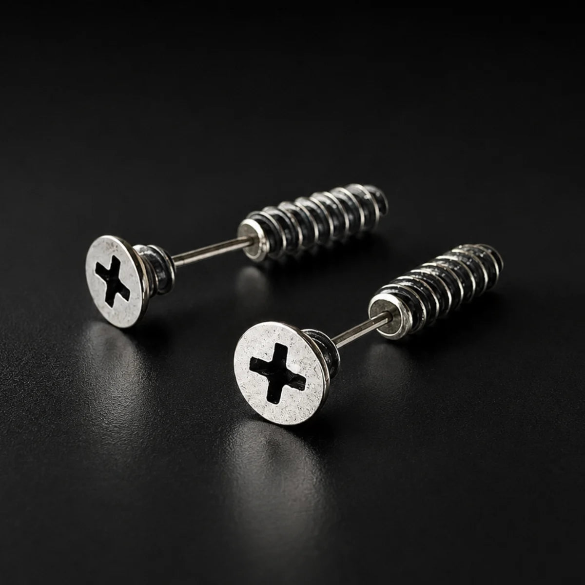 Screw Earrings 925 Sterling Silver Pair Displayed Black Background