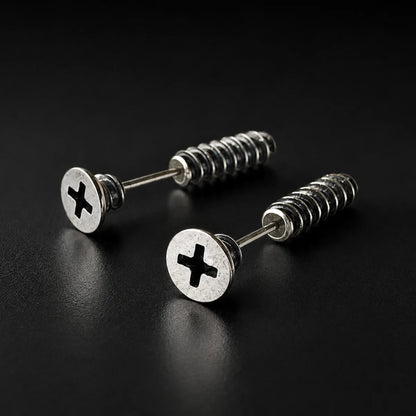Screw Earrings 925 Sterling Silver Pair Displayed Black Background