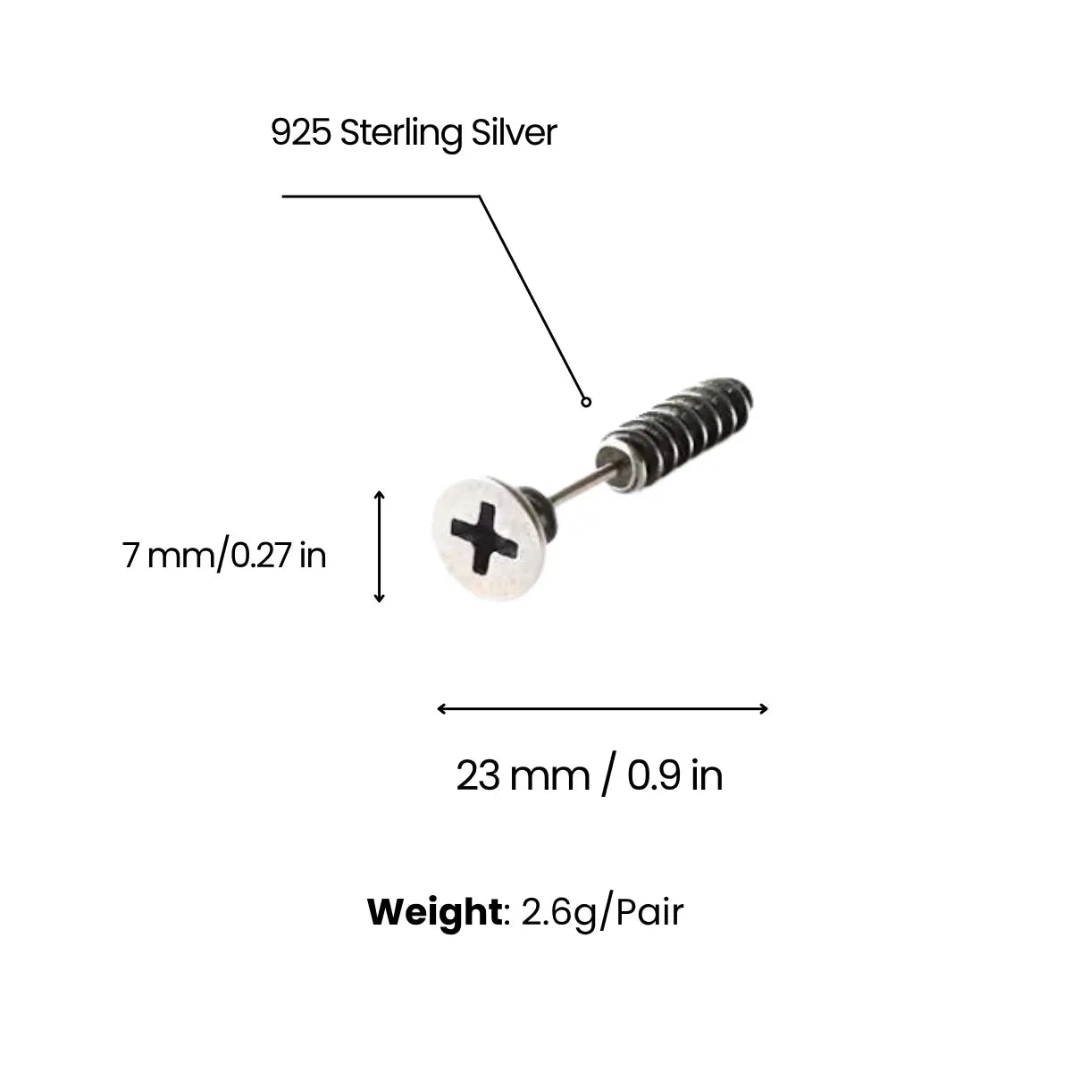 Screw Stud Earrings Sterling Silver Dimensions and Weight