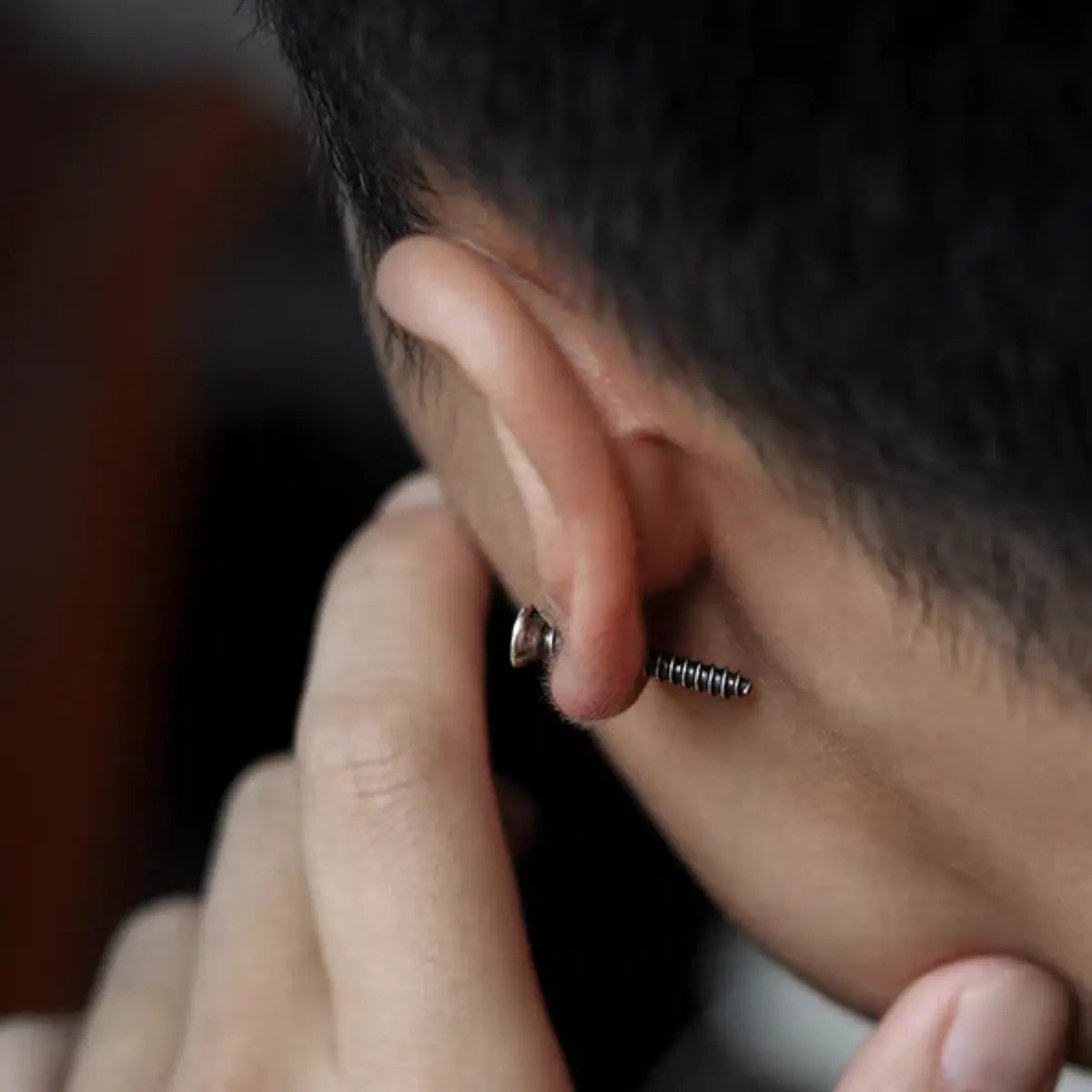 Screw Stud Earrings Sterling Silver Worn by Male Model Back