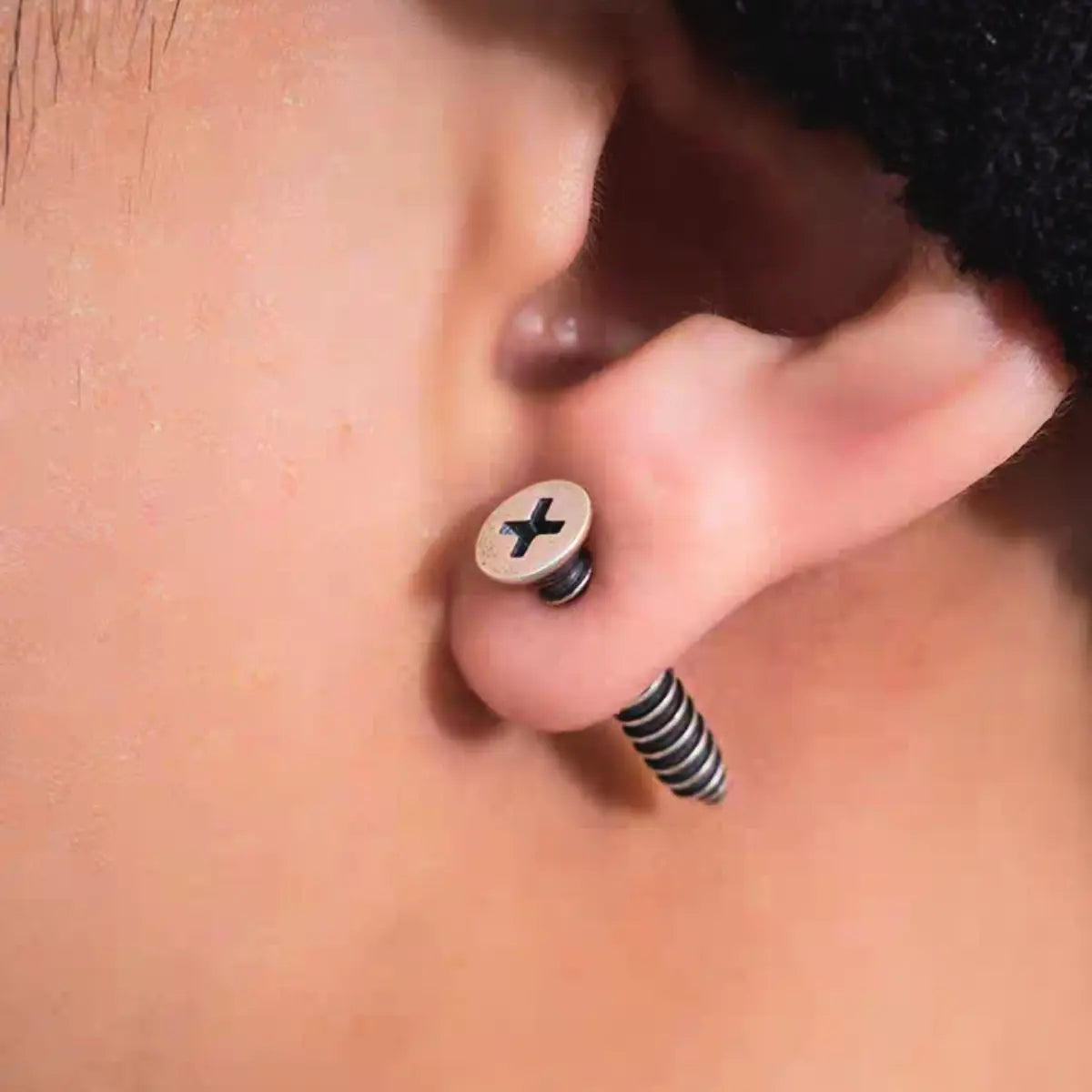 Screw Stud Earrings Sterling Silver Worn by Male Model Front