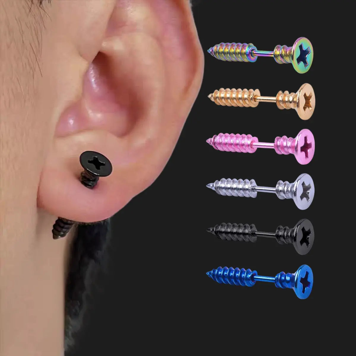 Screw Stud Earrings Worn by Male Model