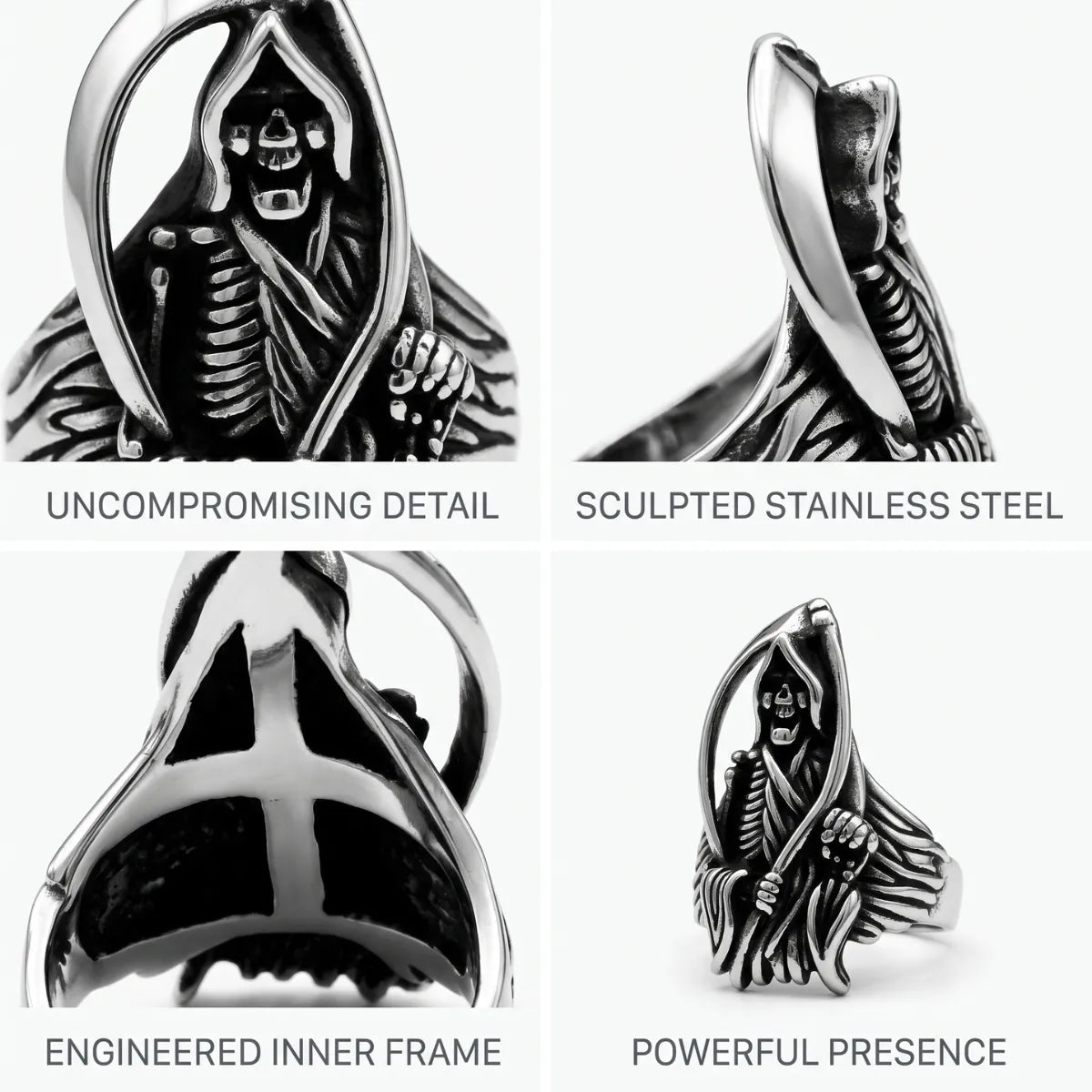 Scythe Ring Style D Grim Reaper Details and Features White Background