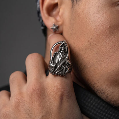Scythe Ring Style D Grim Reaper Worn by Male Model