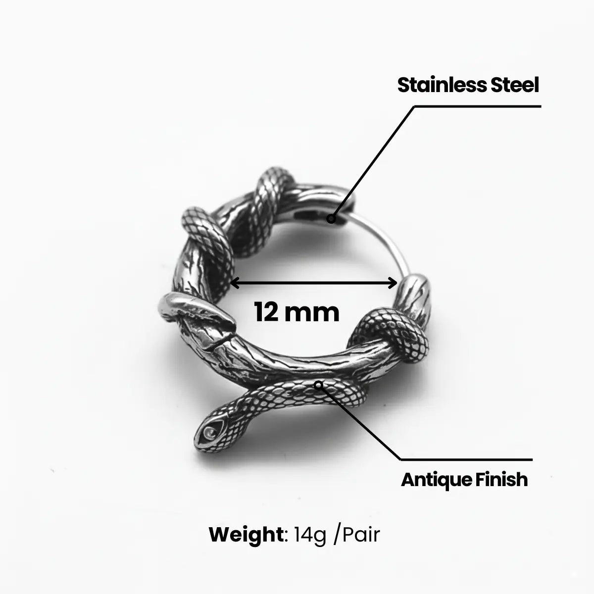 Serpent Entwined Hoop Earrings Dimensions and Weight