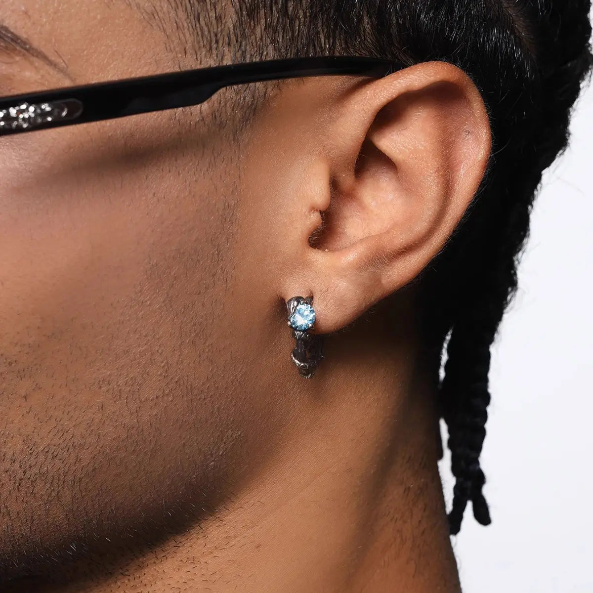Serpent Pave Blue CZ Hoop Earrings Worn by Male Model