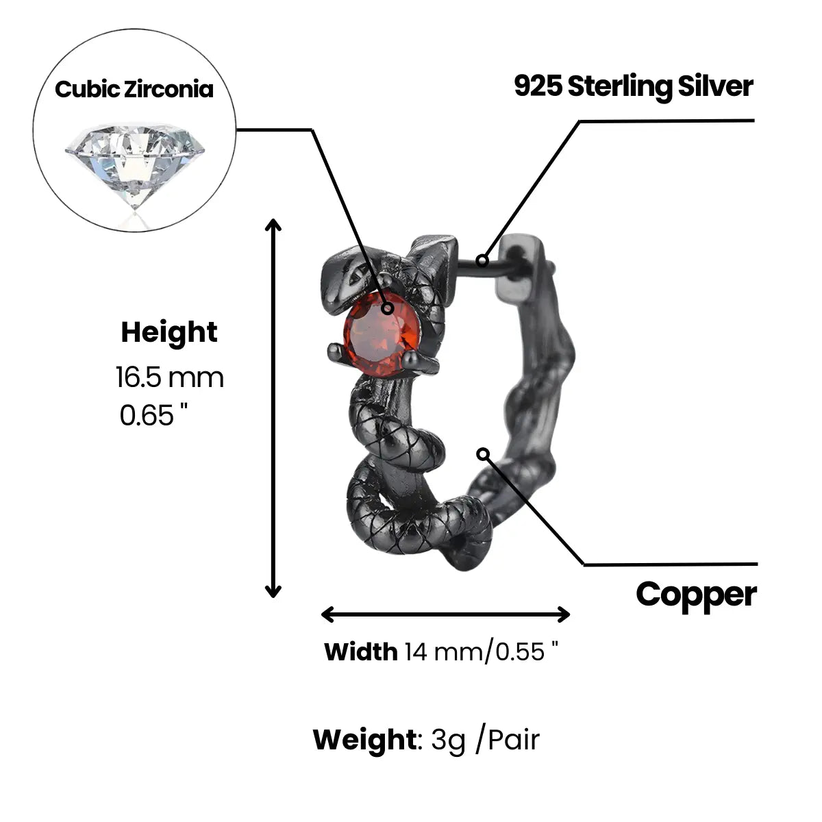 Serpent Pave CZ Hoop Earrings Dimensions and Weight