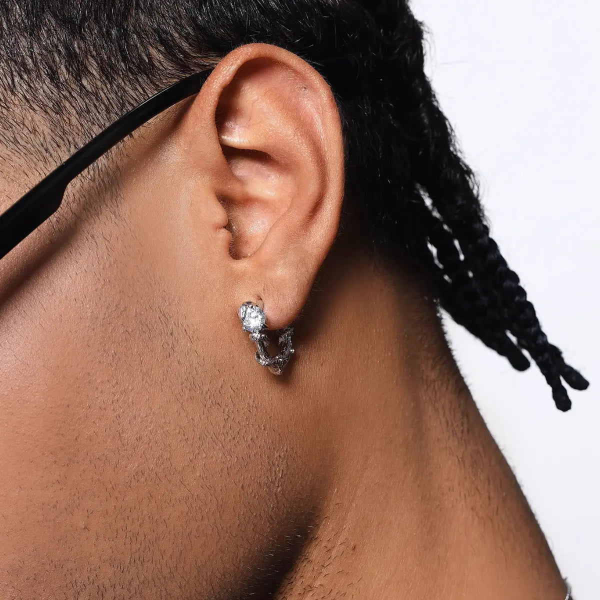 Serpent Pave White CZ Hoop Earrings Worn by Male Model
