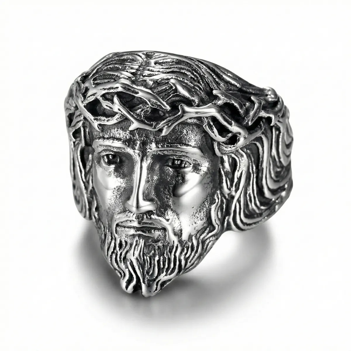 Silver 3D Jesus Head Thorn Ring Details
