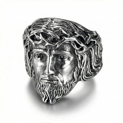 Silver 3D Jesus Head Thorn Ring Details