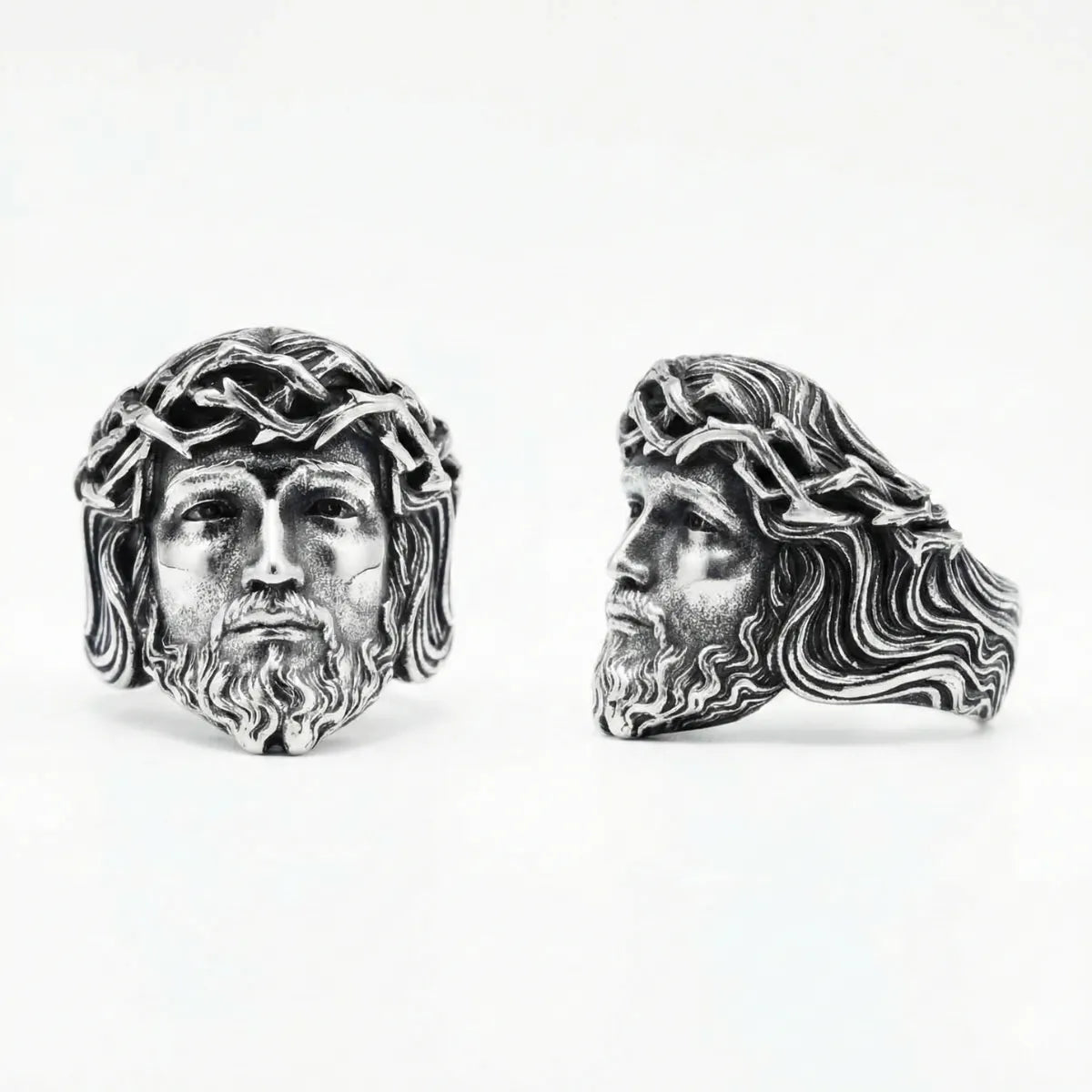Silver 3D Jesus Head Thorn Ring Multi Angle Details