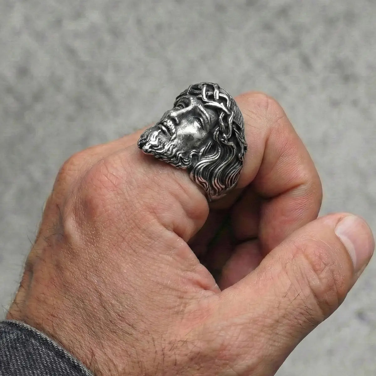 Silver 3D Jesus Head Thorn Ring Worn by Male Model Close Up