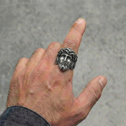 Silver 3D Jesus Head Thorn Ring Worn by Male Model