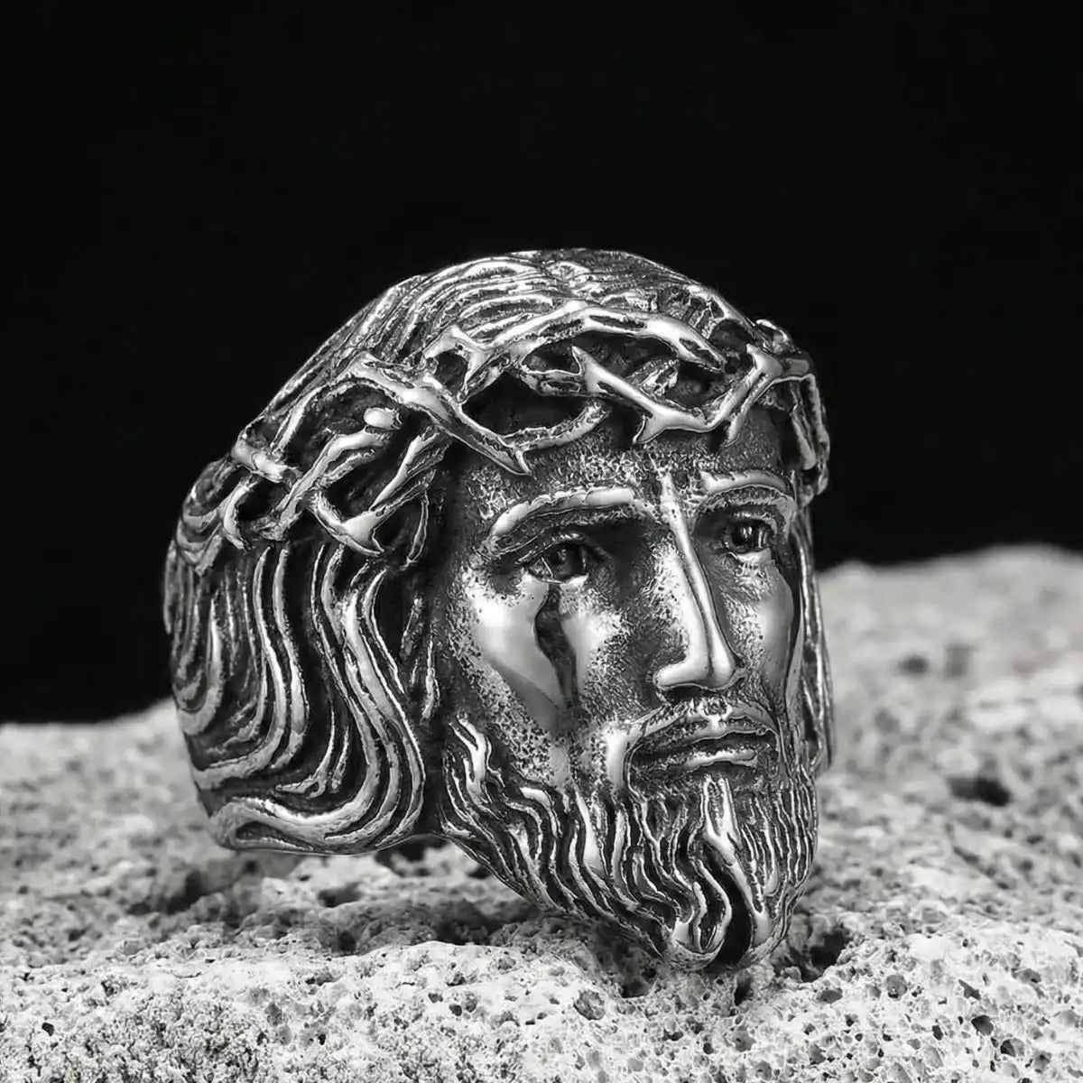 Silver 3D Jesus Head Thorn Ring